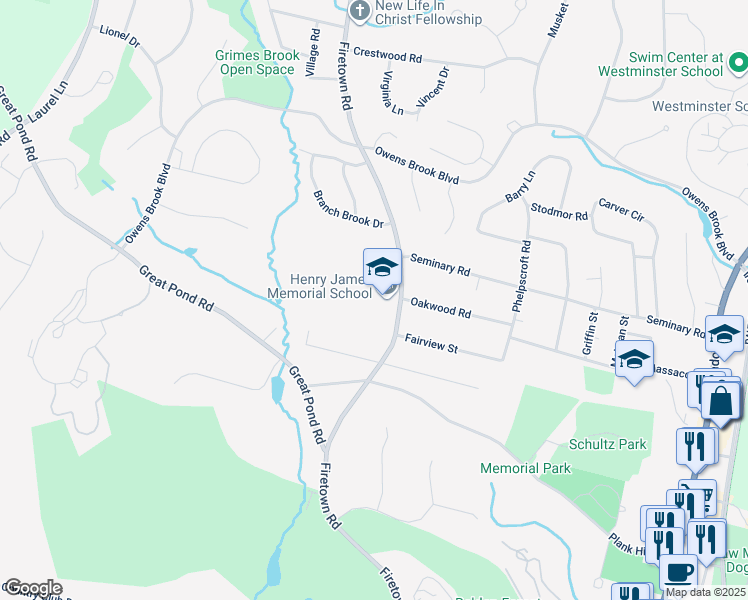 map of restaurants, bars, coffee shops, grocery stores, and more near 155 Firetown Road in Simsbury