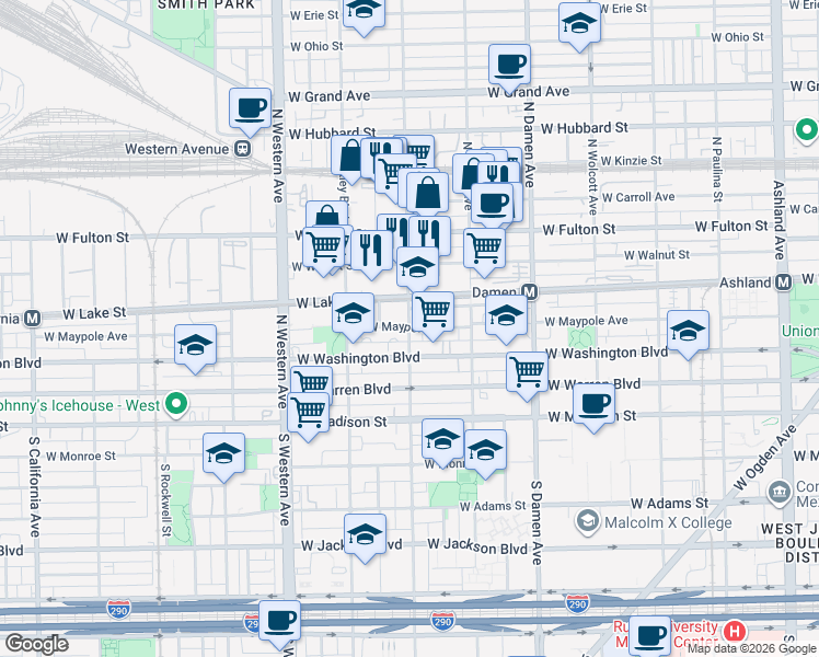 map of restaurants, bars, coffee shops, grocery stores, and more near North Leavitt Street & West Maypole Avenue in Chicago