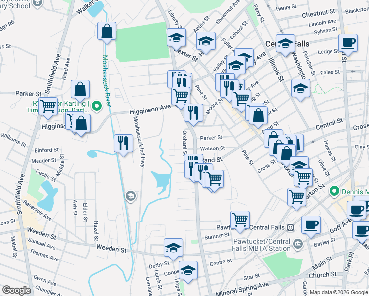 map of restaurants, bars, coffee shops, grocery stores, and more near 37 Orchard Street in Central Falls