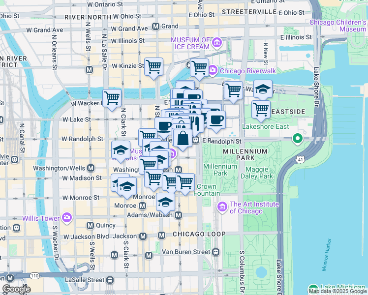 map of restaurants, bars, coffee shops, grocery stores, and more near 154 North Garland Court in Chicago