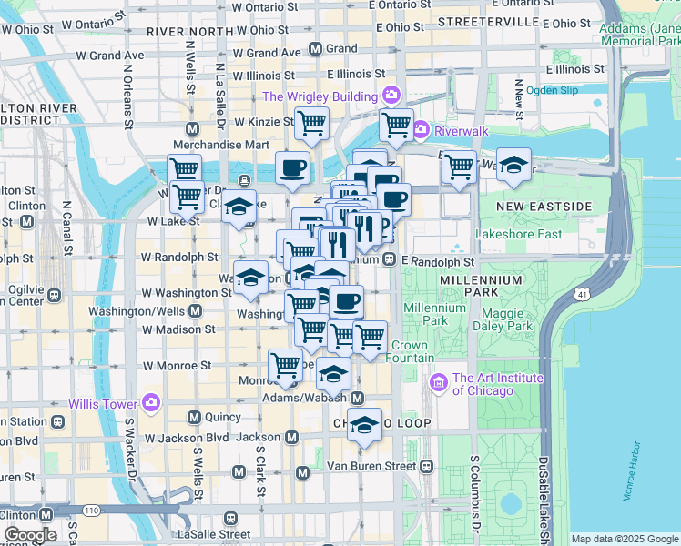 map of restaurants, bars, coffee shops, grocery stores, and more near 22 East Randolph Street in Chicago
