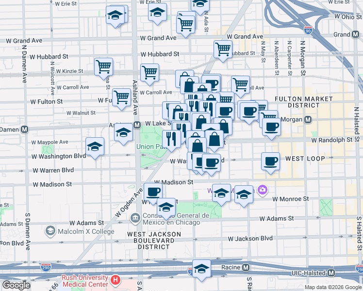 map of restaurants, bars, coffee shops, grocery stores, and more near in Chicago