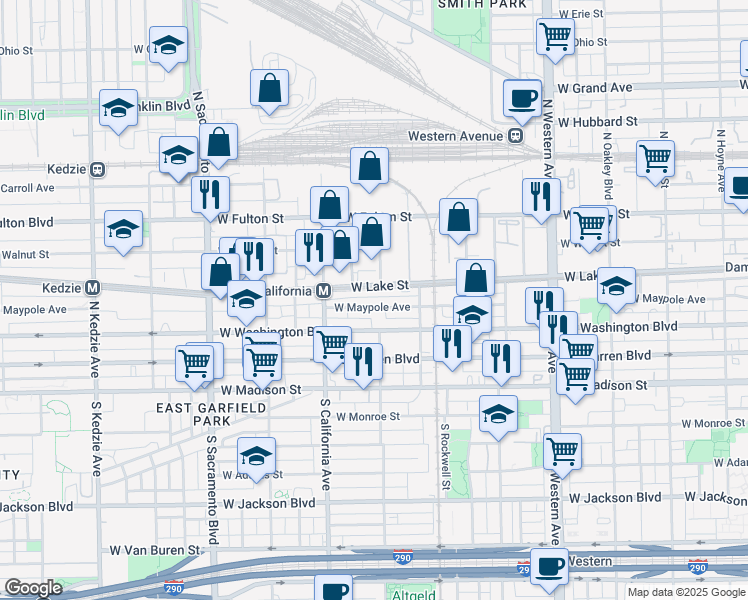 map of restaurants, bars, coffee shops, grocery stores, and more near 2712 West Lake Street in Chicago