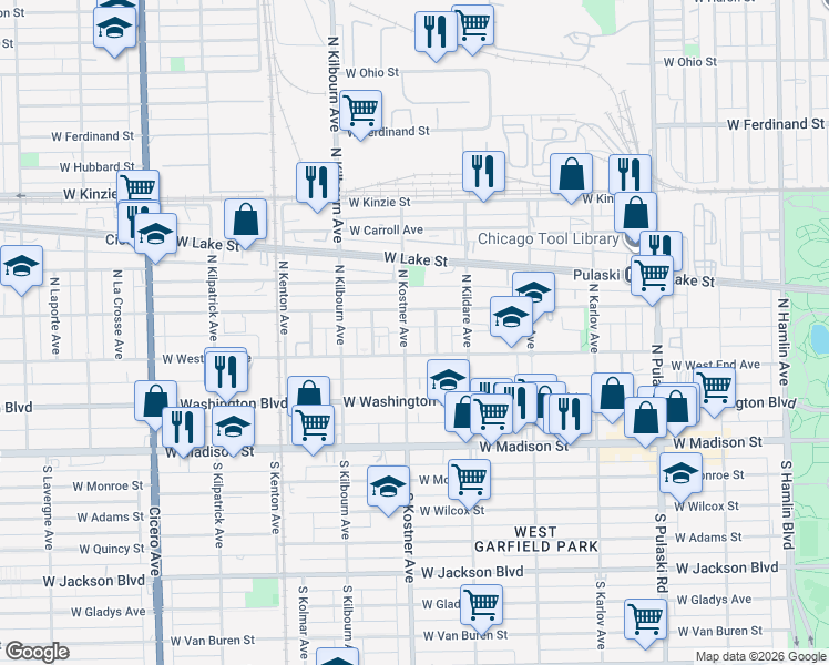 map of restaurants, bars, coffee shops, grocery stores, and more near 4343 West Maypole Avenue in Chicago