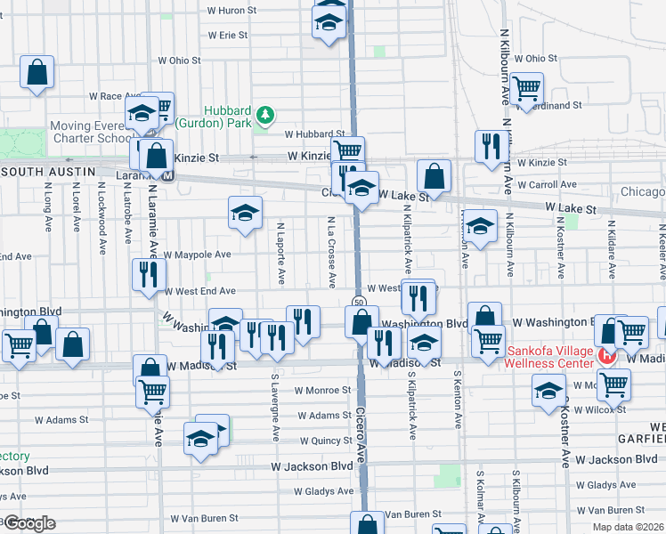 map of restaurants, bars, coffee shops, grocery stores, and more near 200 North La Crosse Avenue in Chicago