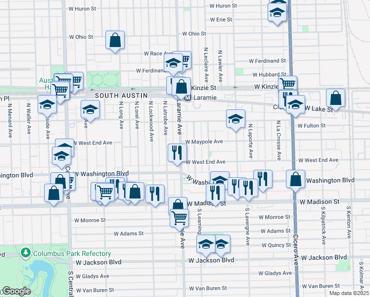 map of restaurants, bars, coffee shops, grocery stores, and more near 200 North Leamington Avenue in Chicago