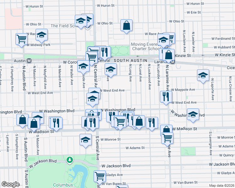 map of restaurants, bars, coffee shops, grocery stores, and more near 9 West West End Avenue in Chicago