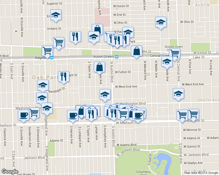 map of restaurants, bars, coffee shops, grocery stores, and more near 214 North Austin Boulevard in Oak Park