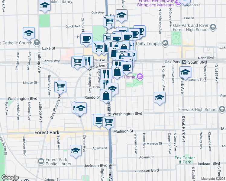 map of restaurants, bars, coffee shops, grocery stores, and more near 224 South Maple Avenue in Oak Park