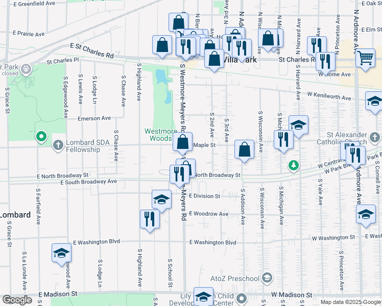 map of restaurants, bars, coffee shops, grocery stores, and more near 1014 East Maple Street in Lombard