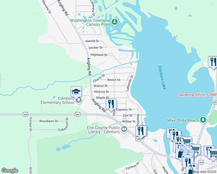 map of restaurants, bars, coffee shops, grocery stores, and more near 603 Monroe Street in Edinboro