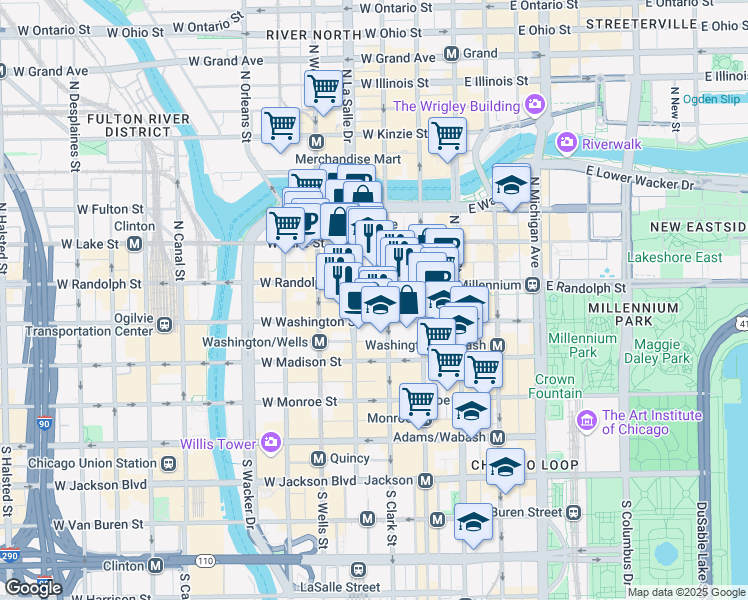 map of restaurants, bars, coffee shops, grocery stores, and more near 118 North Clark Street in Chicago