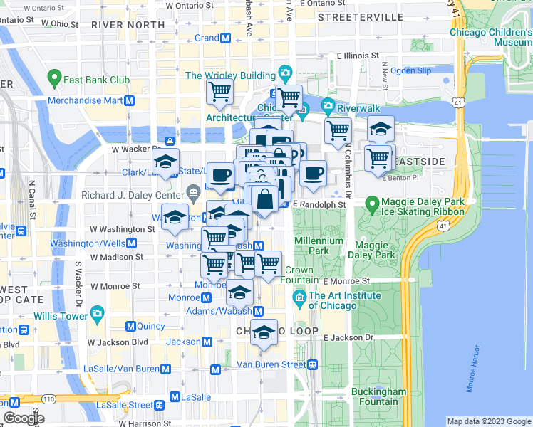 map of restaurants, bars, coffee shops, grocery stores, and more near 154 North Garland Court in Chicago