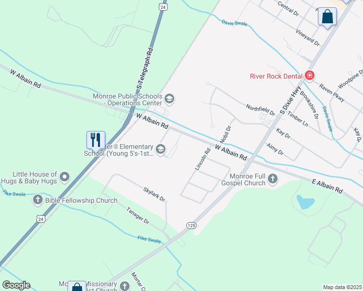 map of restaurants, bars, coffee shops, grocery stores, and more near 5001 West Albain Road in Monroe