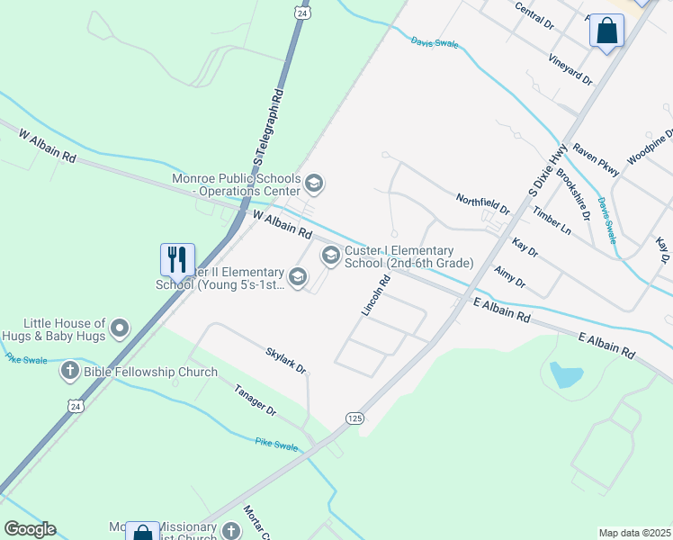 map of restaurants, bars, coffee shops, grocery stores, and more near 5001 West Albain Road in Monroe
