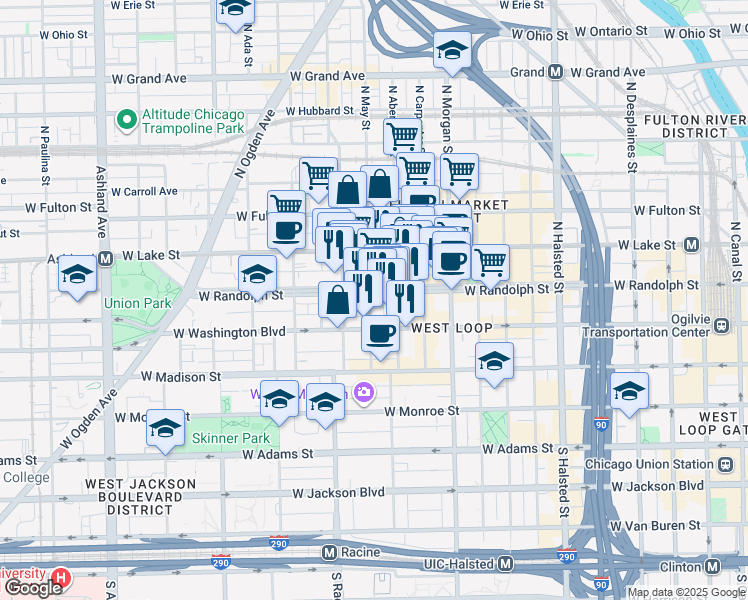 map of restaurants, bars, coffee shops, grocery stores, and more near 1116 West Randolph Street in Chicago