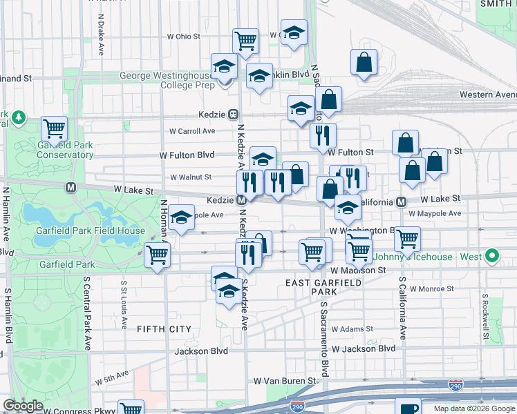 map of restaurants, bars, coffee shops, grocery stores, and more near 3128 West Lake Street in Chicago