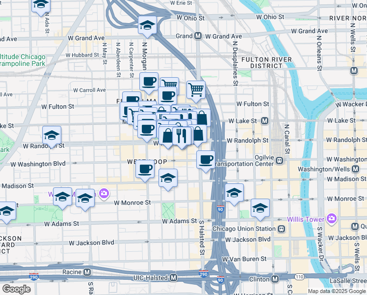 map of restaurants, bars, coffee shops, grocery stores, and more near 120 North Green Street in Chicago