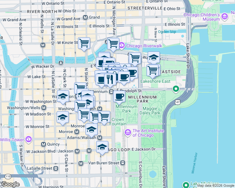 map of restaurants, bars, coffee shops, grocery stores, and more near 201 East Randolph Street in Chicago
