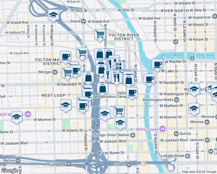 map of restaurants, bars, coffee shops, grocery stores, and more near 125 North Desplaines Street in Chicago