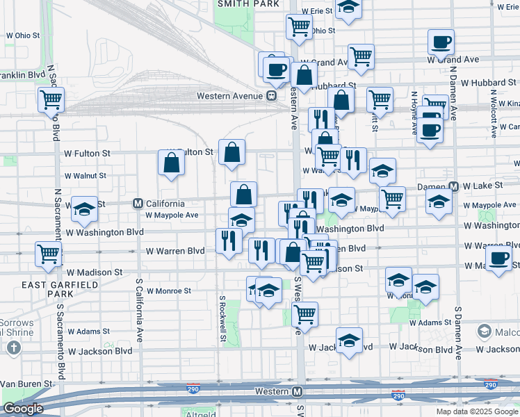 map of restaurants, bars, coffee shops, grocery stores, and more near 2438 West Lake Street in Chicago