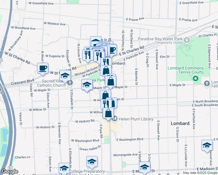 map of restaurants, bars, coffee shops, grocery stores, and more near in Glen Ellyn