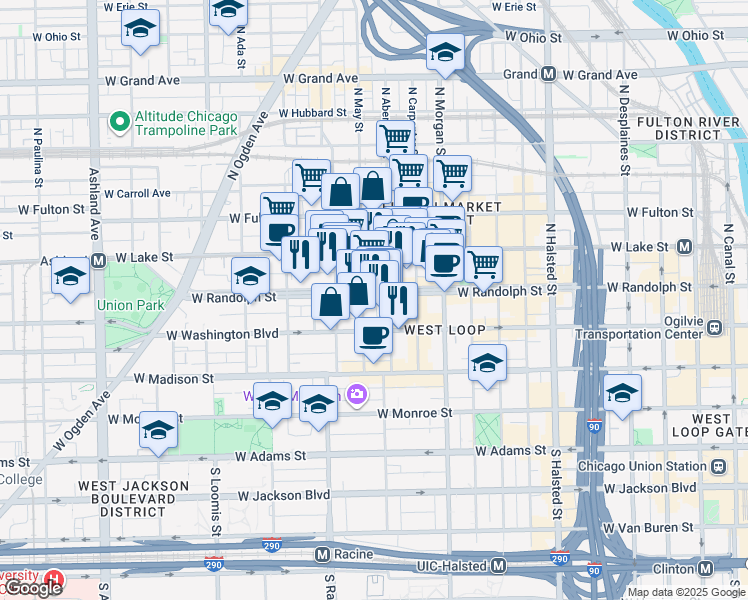 map of restaurants, bars, coffee shops, grocery stores, and more near 1116 West Randolph Street in Chicago