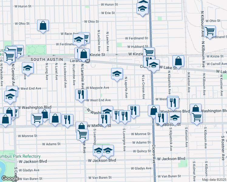 map of restaurants, bars, coffee shops, grocery stores, and more near 5023 West Maypole Avenue in Chicago