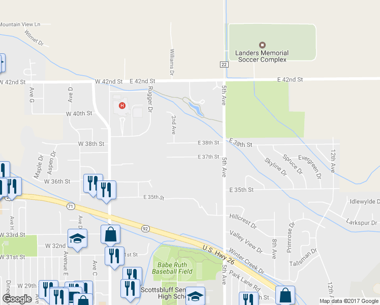 map of restaurants, bars, coffee shops, grocery stores, and more near 211 East 37th Street in Scottsbluff