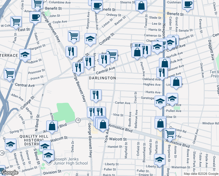 map of restaurants, bars, coffee shops, grocery stores, and more near 53 Hughes Avenue in Pawtucket