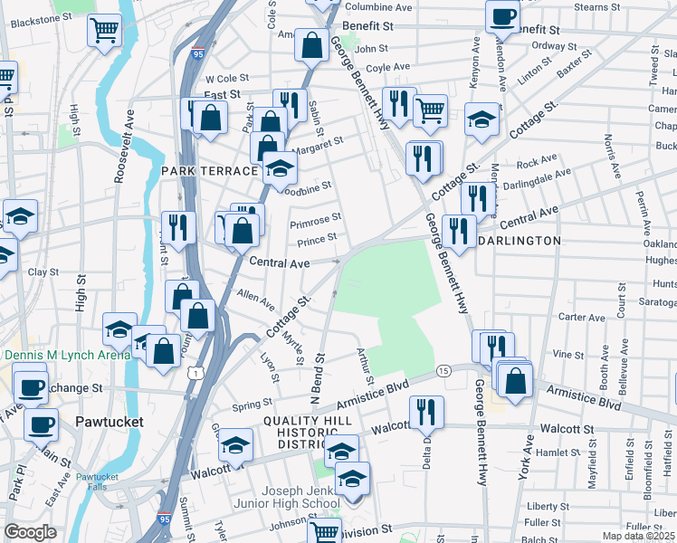 map of restaurants, bars, coffee shops, grocery stores, and more near 260 Central Avenue in Pawtucket