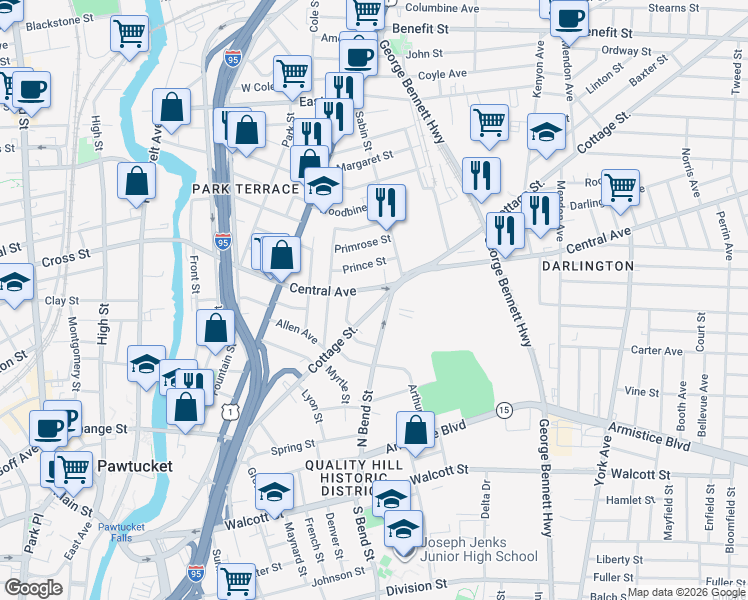 map of restaurants, bars, coffee shops, grocery stores, and more near 228 Central Avenue in Pawtucket
