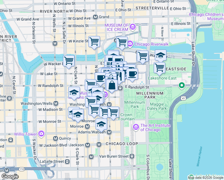 map of restaurants, bars, coffee shops, grocery stores, and more near 154 North Garland Court in Chicago