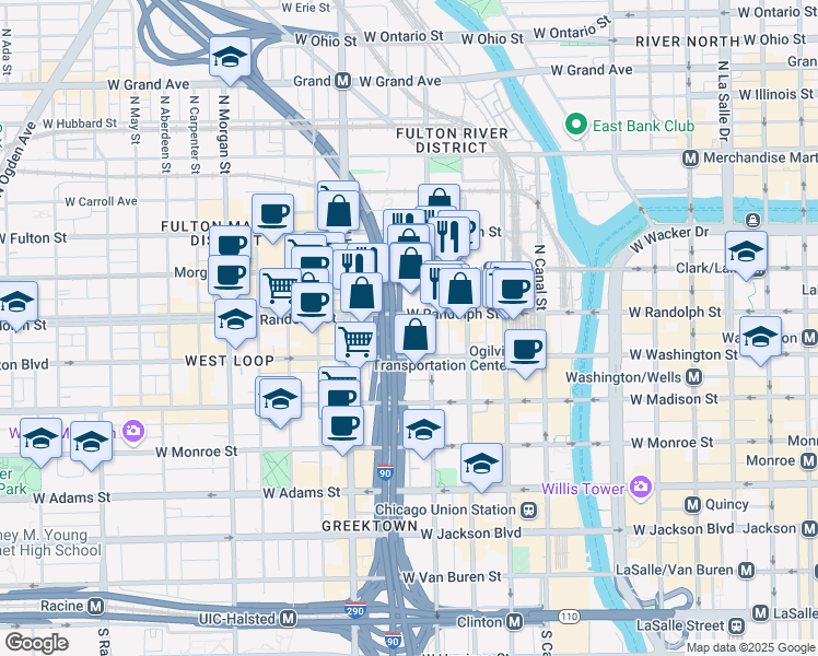 map of restaurants, bars, coffee shops, grocery stores, and more near 648W West Randolph Street in Chicago