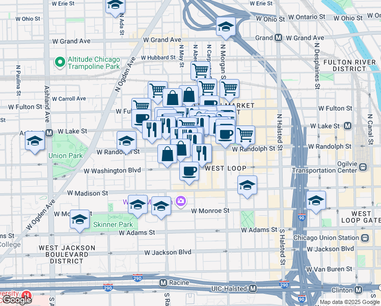 map of restaurants, bars, coffee shops, grocery stores, and more near 1116 West Randolph Street in Chicago