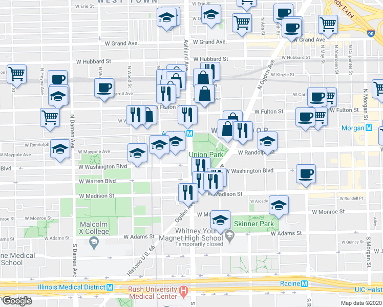 map of restaurants, bars, coffee shops, grocery stores, and more near 1638 West Maypole Avenue in Chicago