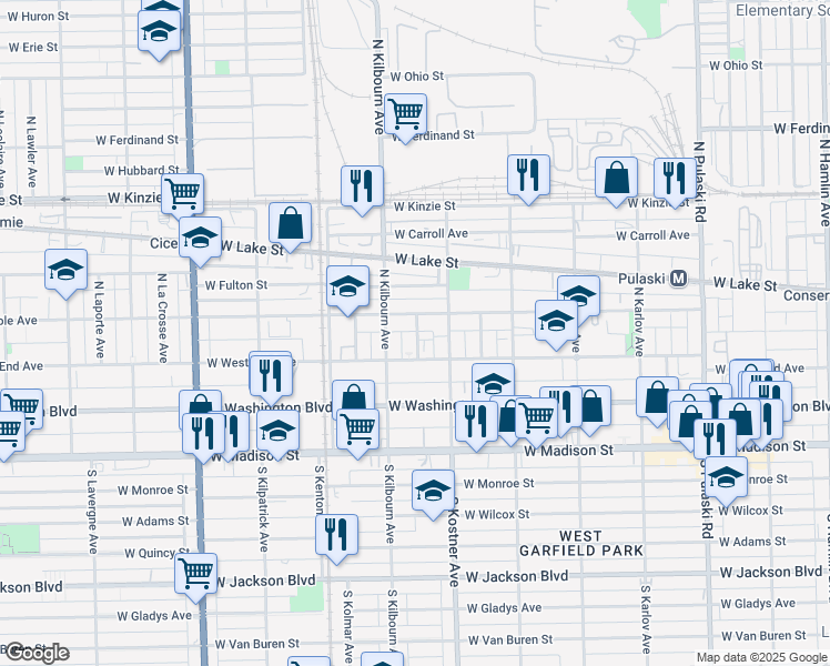 map of restaurants, bars, coffee shops, grocery stores, and more near 4421 West Maypole Avenue in Chicago