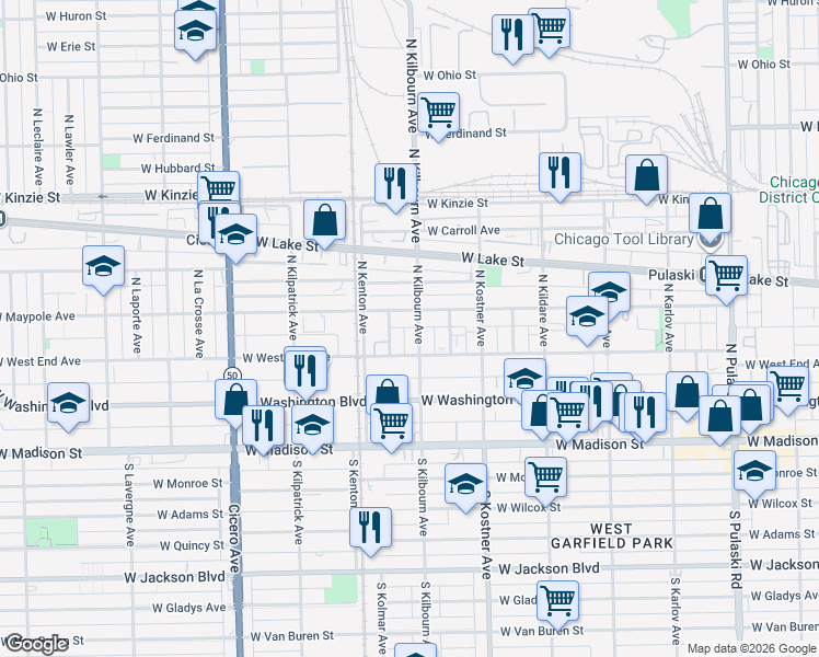 map of restaurants, bars, coffee shops, grocery stores, and more near 4503 West Maypole Avenue in Chicago