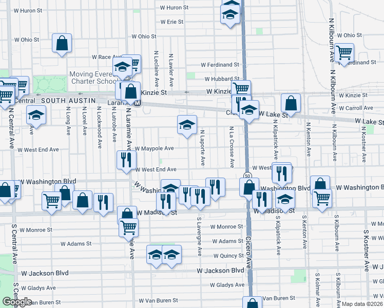 map of restaurants, bars, coffee shops, grocery stores, and more near 185 North Lavergne Avenue in Chicago