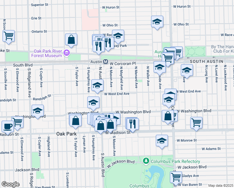 map of restaurants, bars, coffee shops, grocery stores, and more near 208 North Mayfield Avenue in Chicago