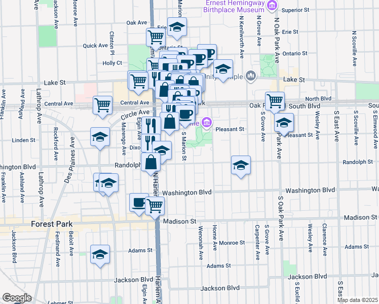 map of restaurants, bars, coffee shops, grocery stores, and more near 227 South Marion Street in Oak Park