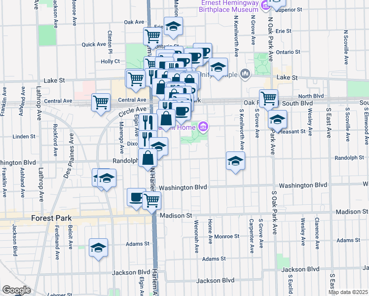 map of restaurants, bars, coffee shops, grocery stores, and more near 227 South Marion Street in Oak Park