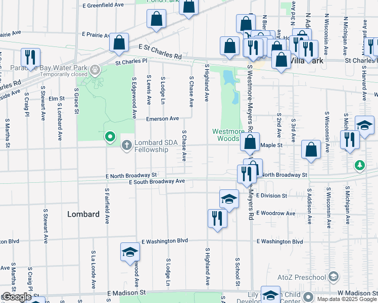 map of restaurants, bars, coffee shops, grocery stores, and more near 740 East Maple Street in Lombard