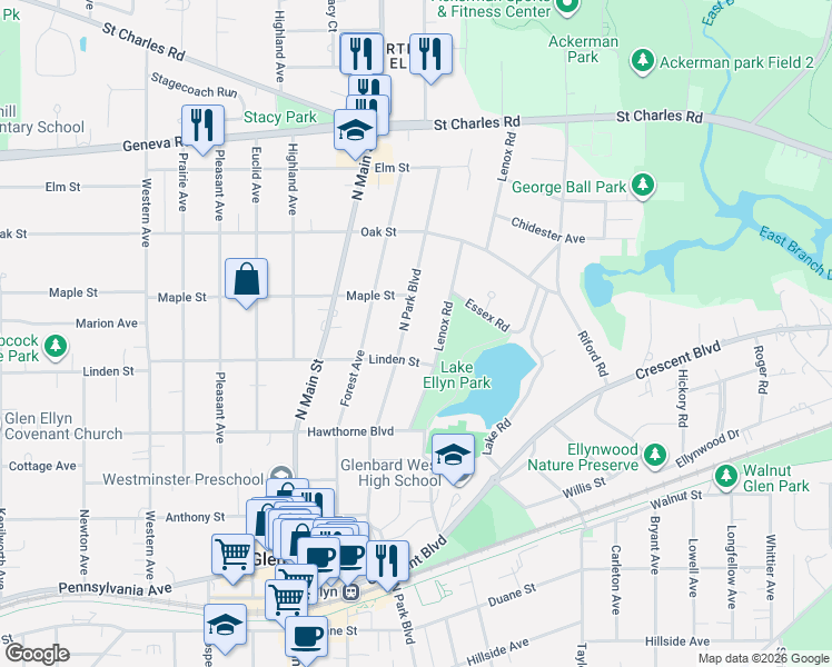 map of restaurants, bars, coffee shops, grocery stores, and more near 685 North Park Boulevard in Glen Ellyn