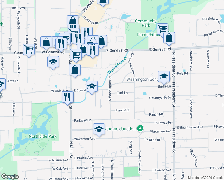 map of restaurants, bars, coffee shops, grocery stores, and more near 404 Bridle Lane in Wheaton