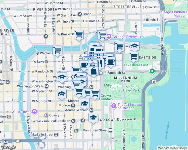 map of restaurants, bars, coffee shops, grocery stores, and more near 154 North Garland Court in Chicago