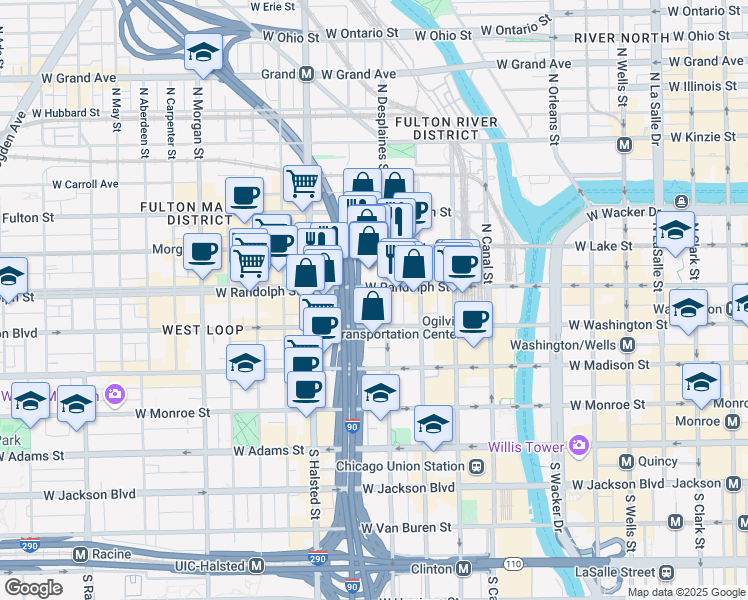 map of restaurants, bars, coffee shops, grocery stores, and more near 648W West Randolph Street in Chicago