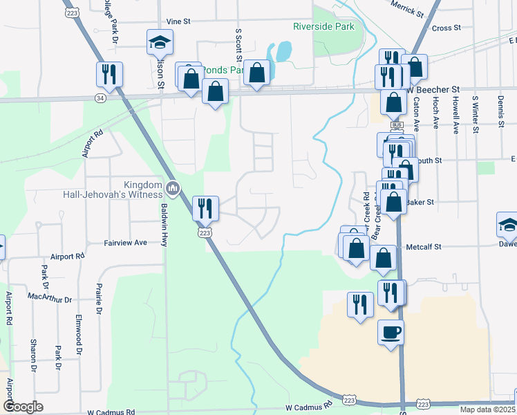 map of restaurants, bars, coffee shops, grocery stores, and more near 596 Rio Grande Drive in Adrian