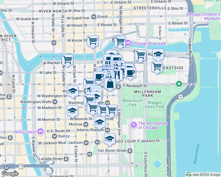 map of restaurants, bars, coffee shops, grocery stores, and more near 129 North Wabash Avenue in Chicago