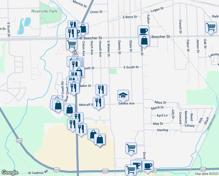 map of restaurants, bars, coffee shops, grocery stores, and more near 1040 South Winter Street in Adrian